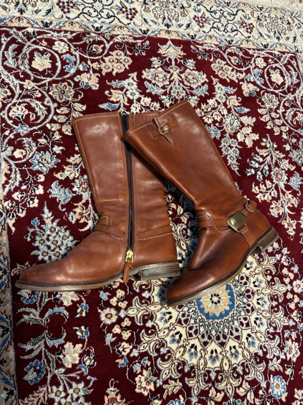 Ecco Cognac Leather Mid-Calf Riding Boots with Buckle